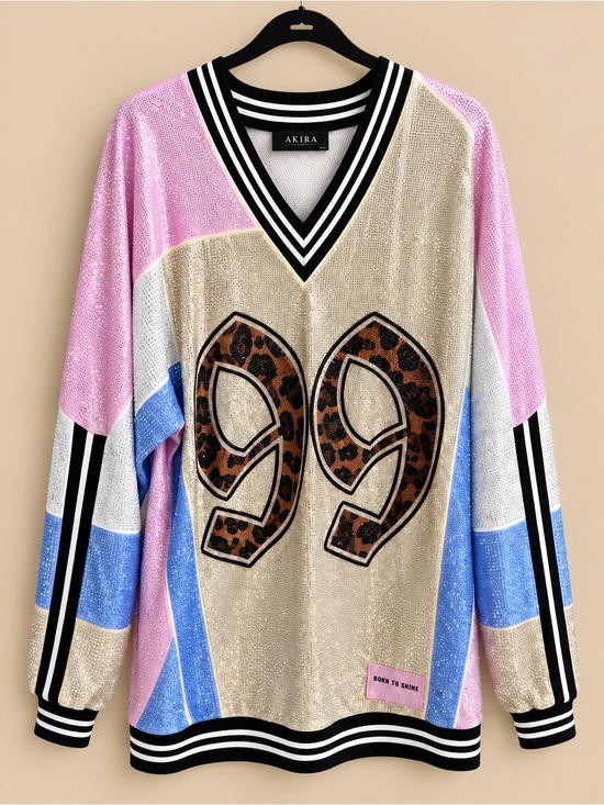 AKIRA Sweaters - AKIRA V-Neck Sequin Sweater with Leopard 99 Appliqué - Pink, Blue, Cream